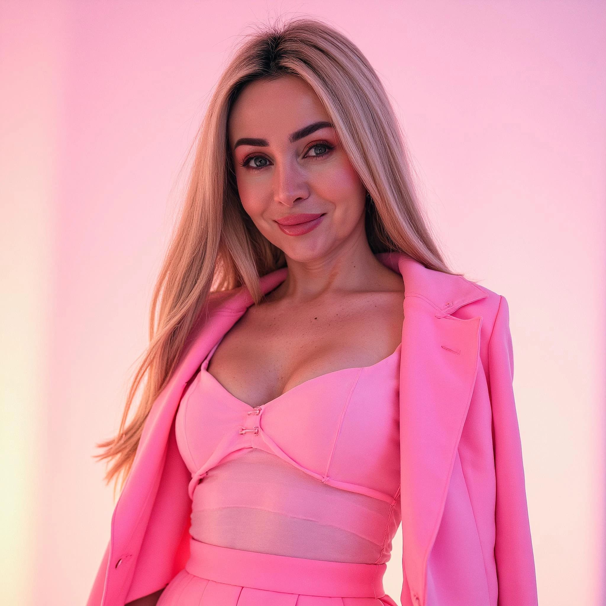 Professional headshot example: Woman Studio Pink Outfit Smiling — LinkedInHeadshots.ai