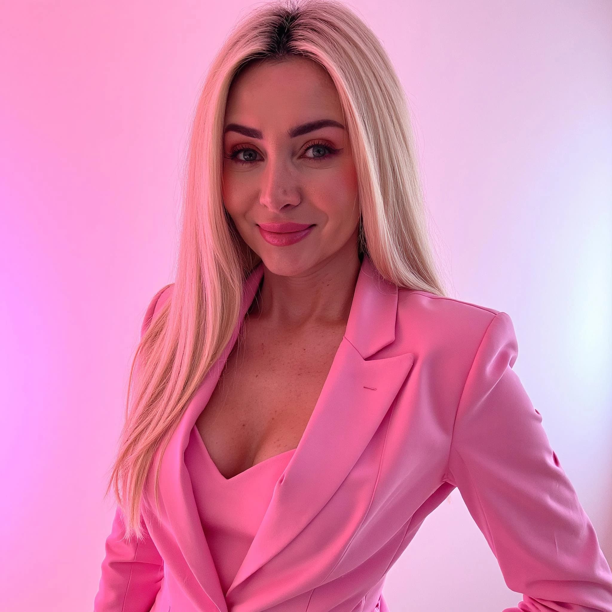 Professional headshot example: Woman Studio Pink Suit Smiling 2 — LinkedInHeadshots.ai