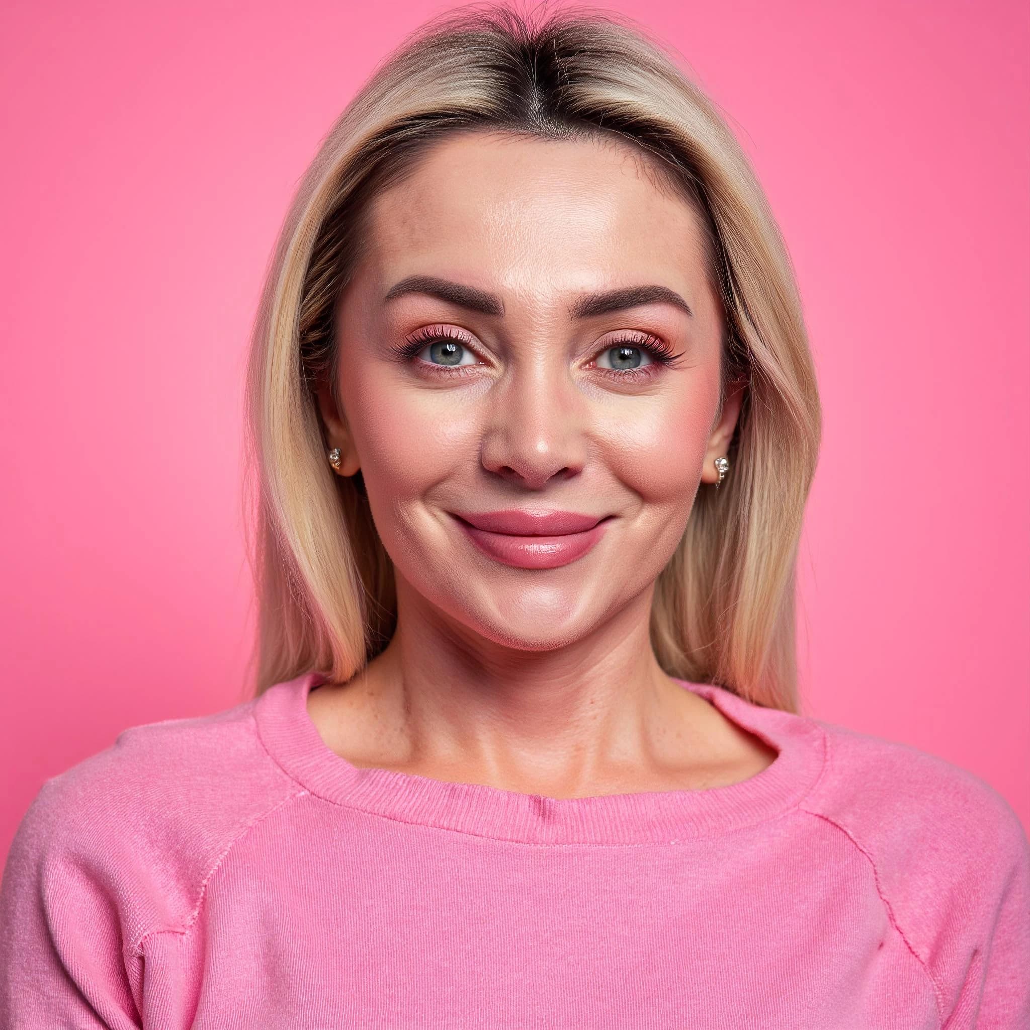 Professional headshot example: Woman Studio Pink Sweater Smiling — LinkedInHeadshots.ai