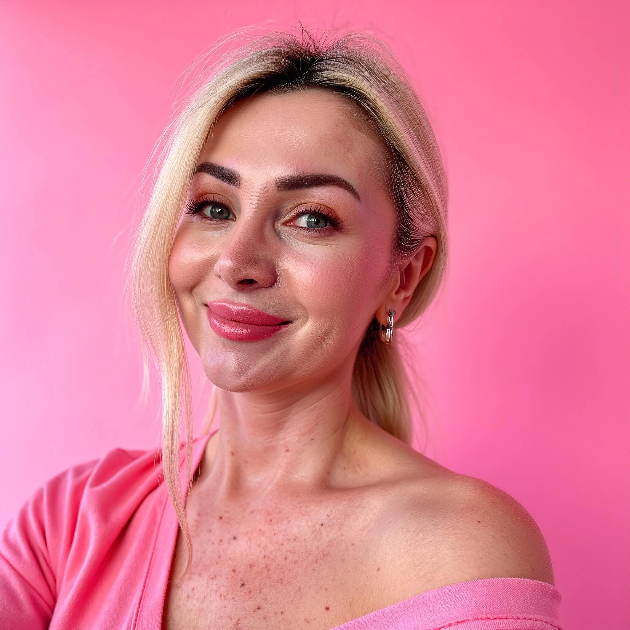 Professional headshot example: Woman Studio Pink Top Smiling 10 — LinkedInHeadshots.ai