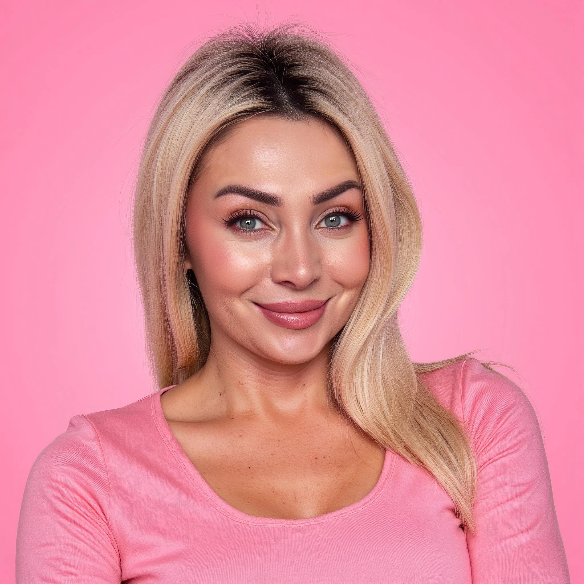 Professional headshot example: Woman Studio Pink Top Smiling 11 — LinkedInHeadshots.ai
