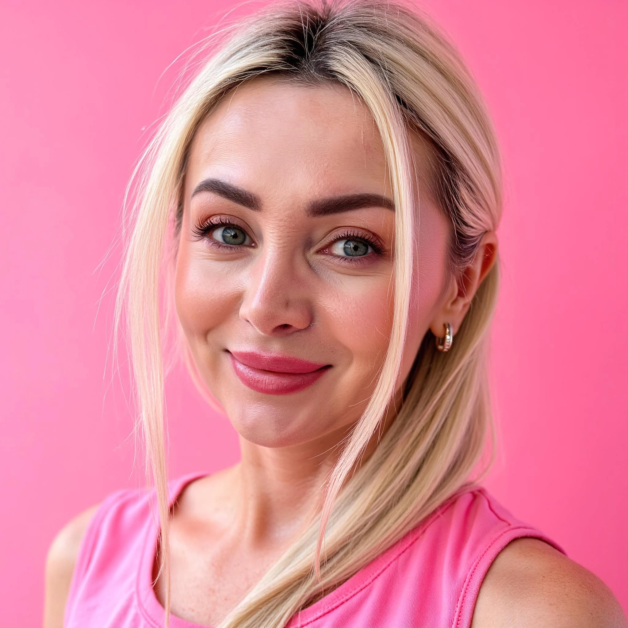 Professional headshot example: Woman Studio Pink Top Smiling 12 — LinkedInHeadshots.ai