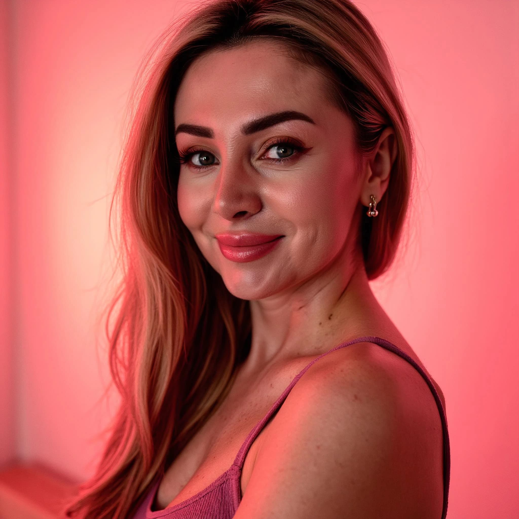 Professional headshot example: Woman Studio Pink Top Smiling 2 — LinkedInHeadshots.ai