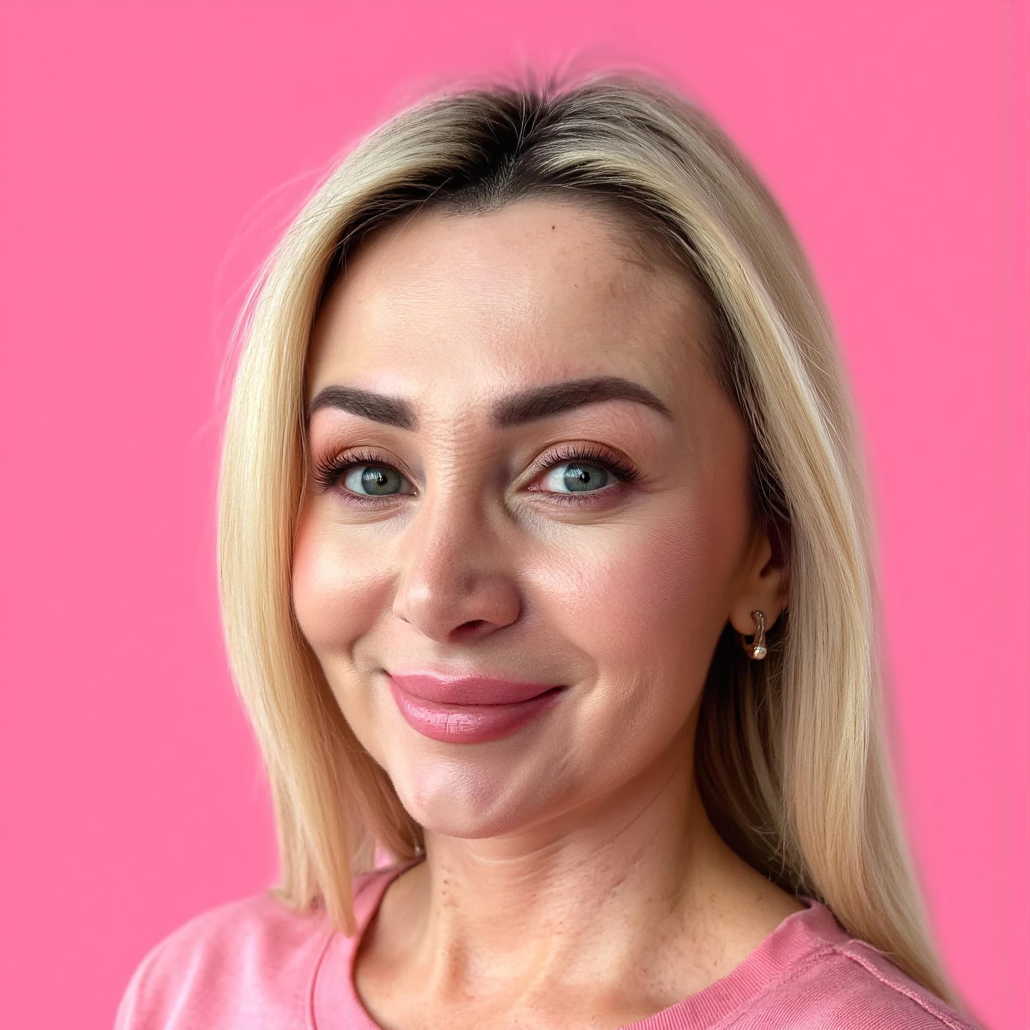 Professional headshot example: Woman Studio Pink Top Smiling 3 — LinkedInHeadshots.ai