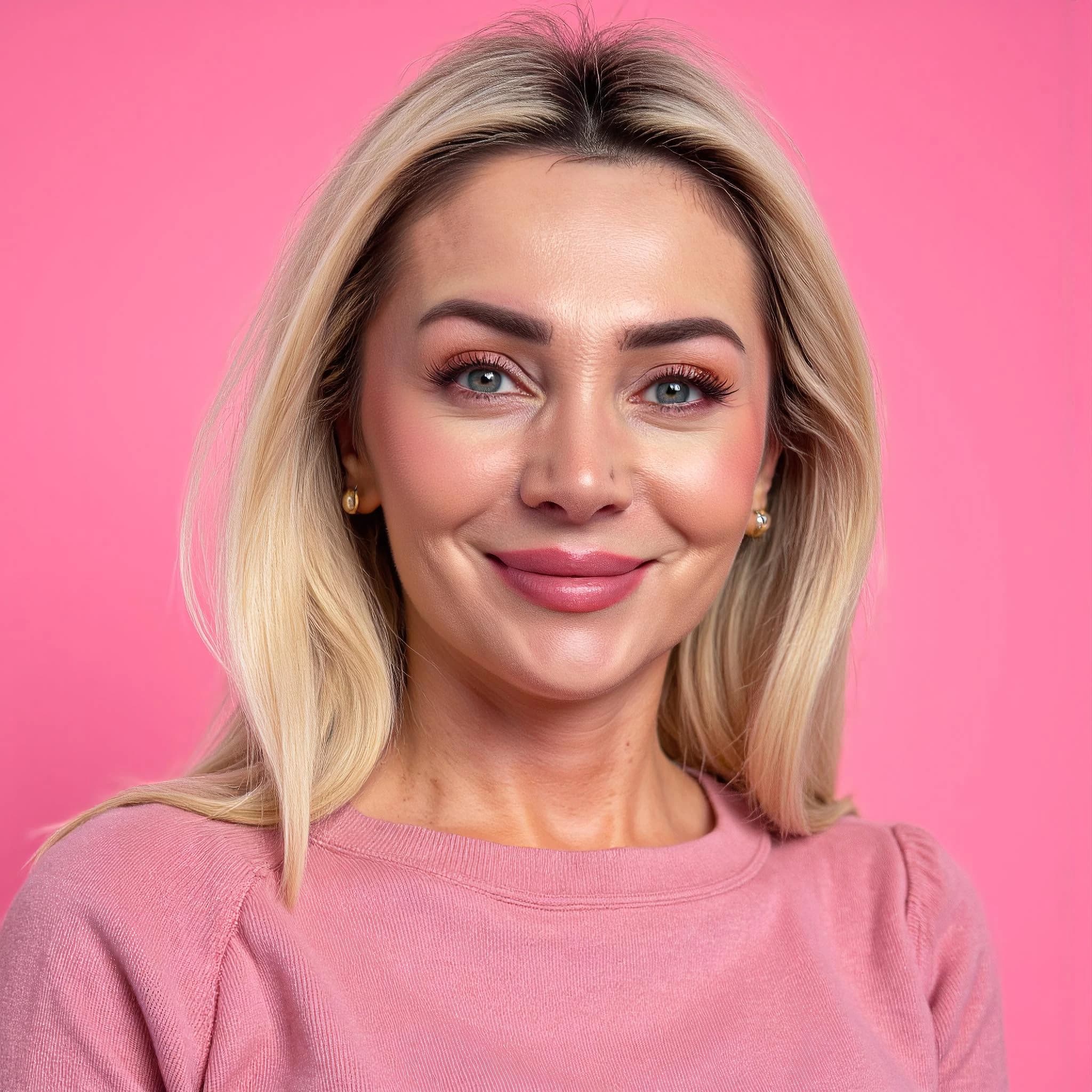 Professional headshot example: Woman Studio Pink Top Smiling 4 — LinkedInHeadshots.ai