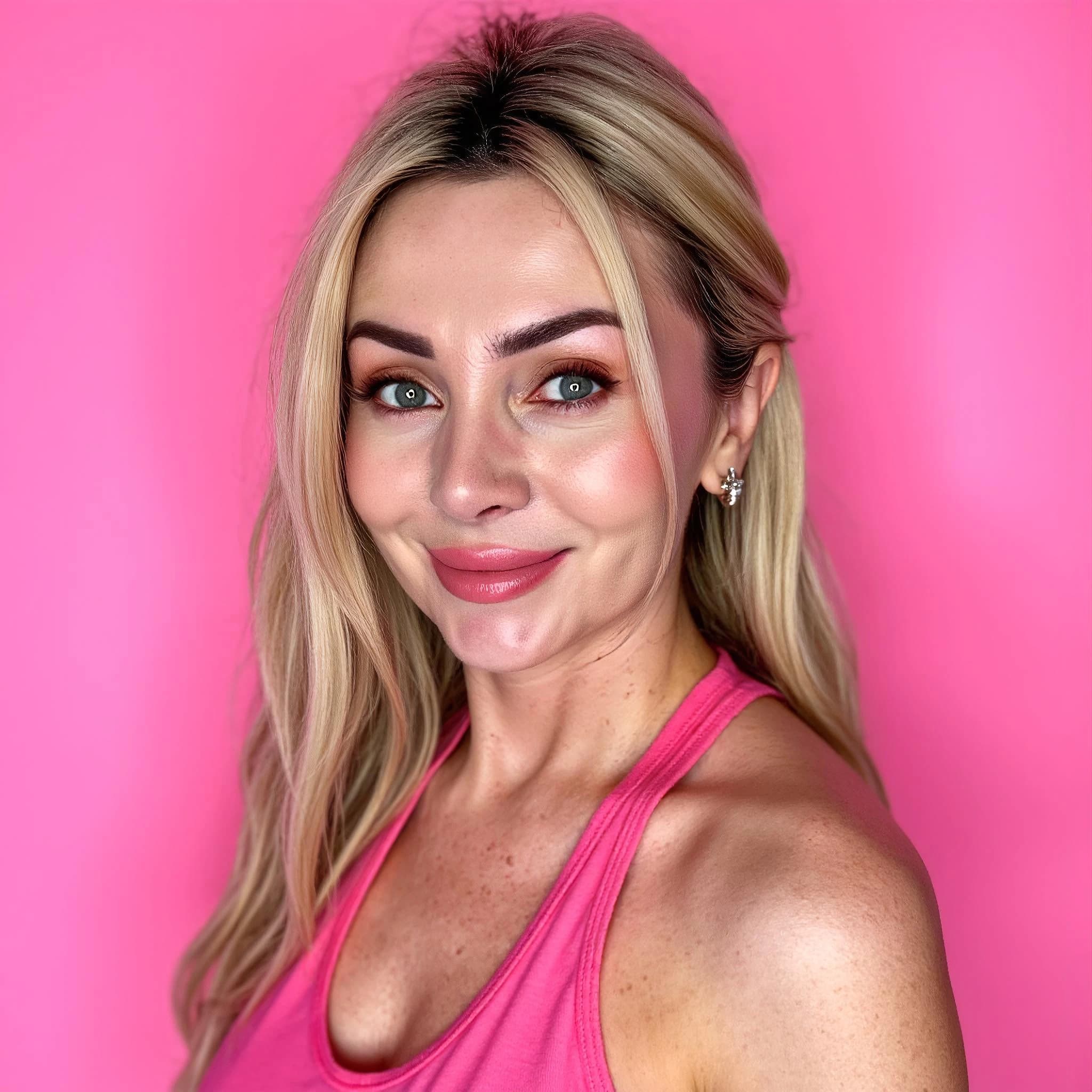 Professional headshot example: Woman Studio Pink Top Smiling 7 — LinkedInHeadshots.ai