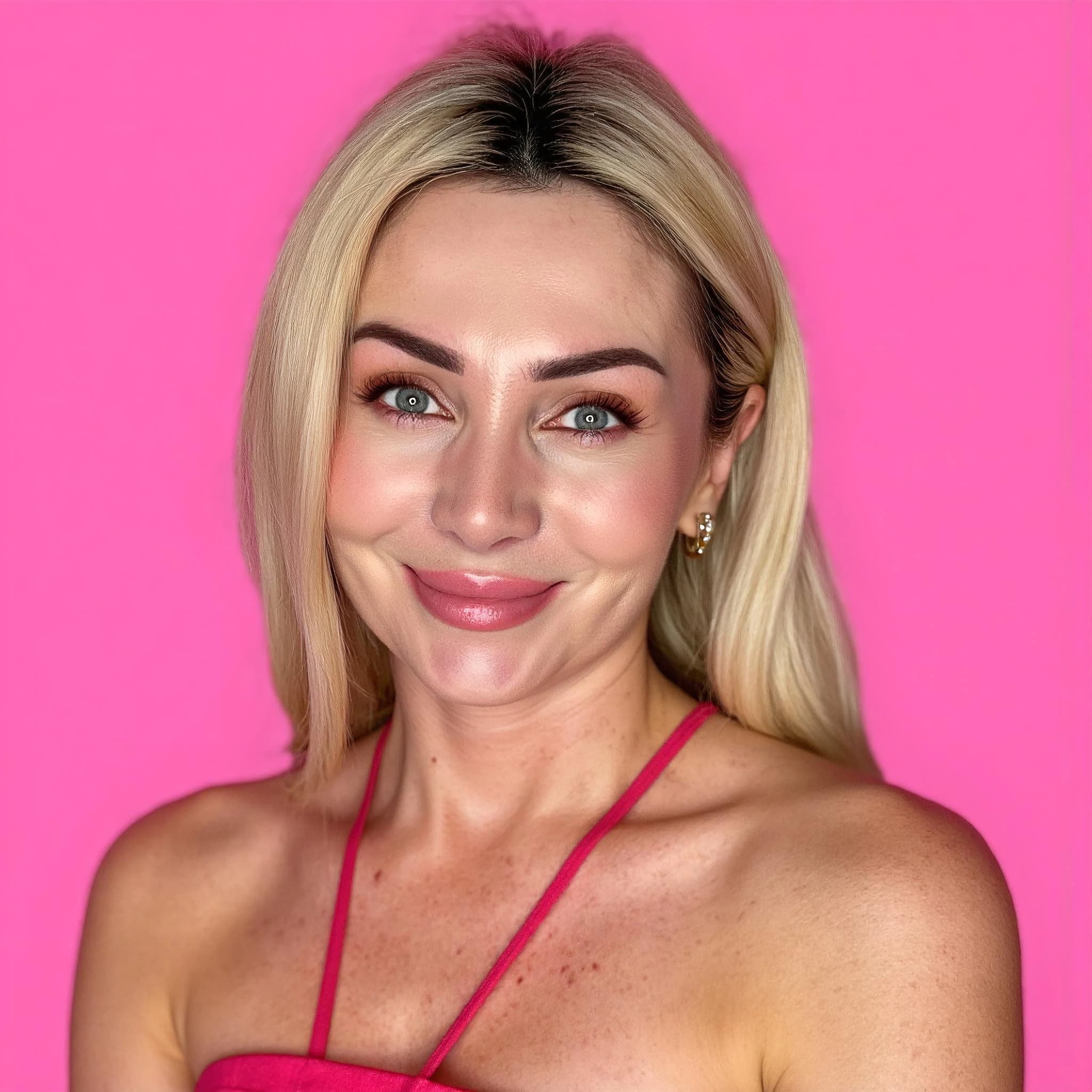 Professional headshot example: Woman Studio Pink Top Smiling 9 — LinkedInHeadshots.ai