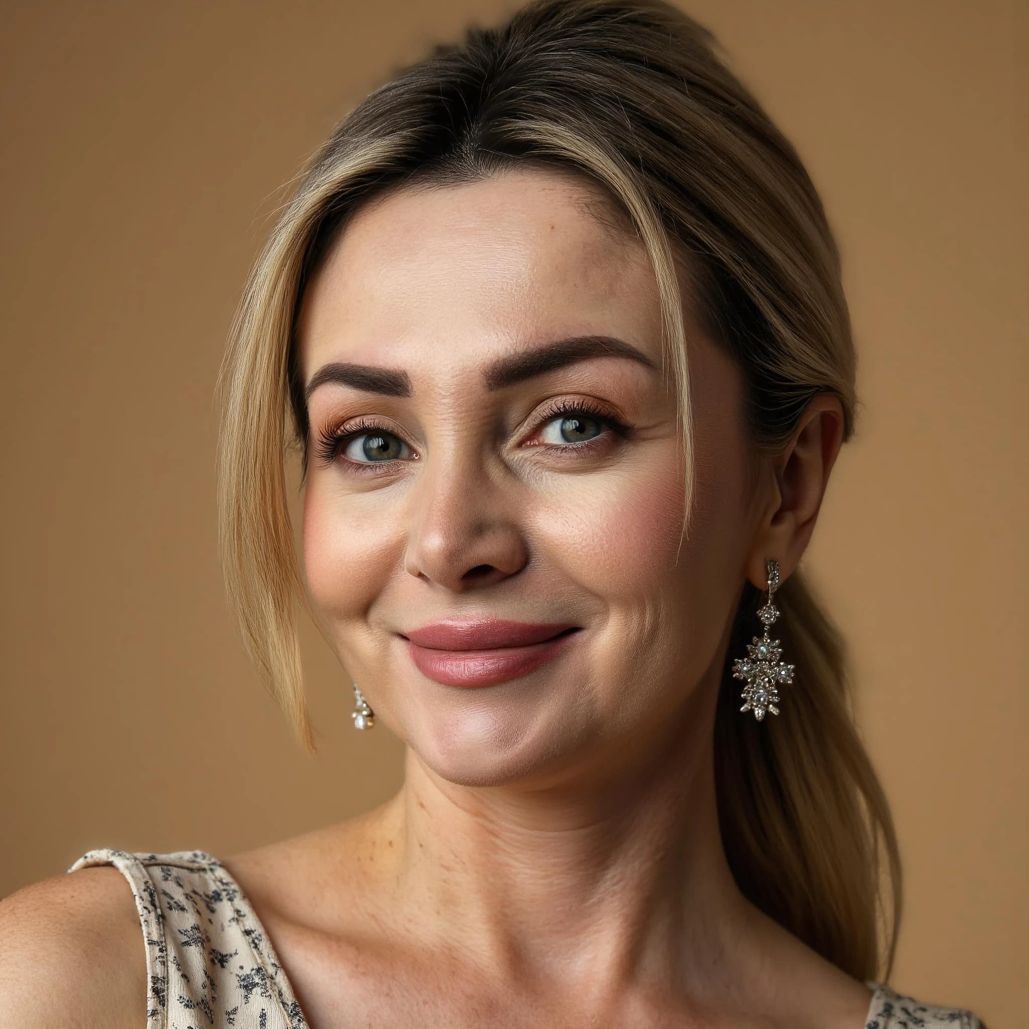 Professional headshot example: Woman Studio Sparkly Earrings Smiling — LinkedInHeadshots.ai