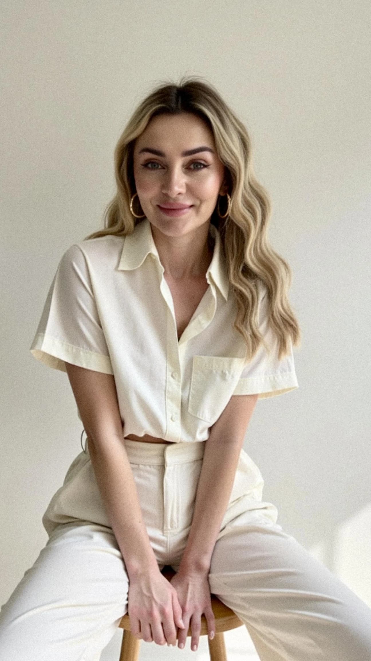 Professional headshot example: Woman Studio White Outfit Sitting — LinkedInHeadshots.ai