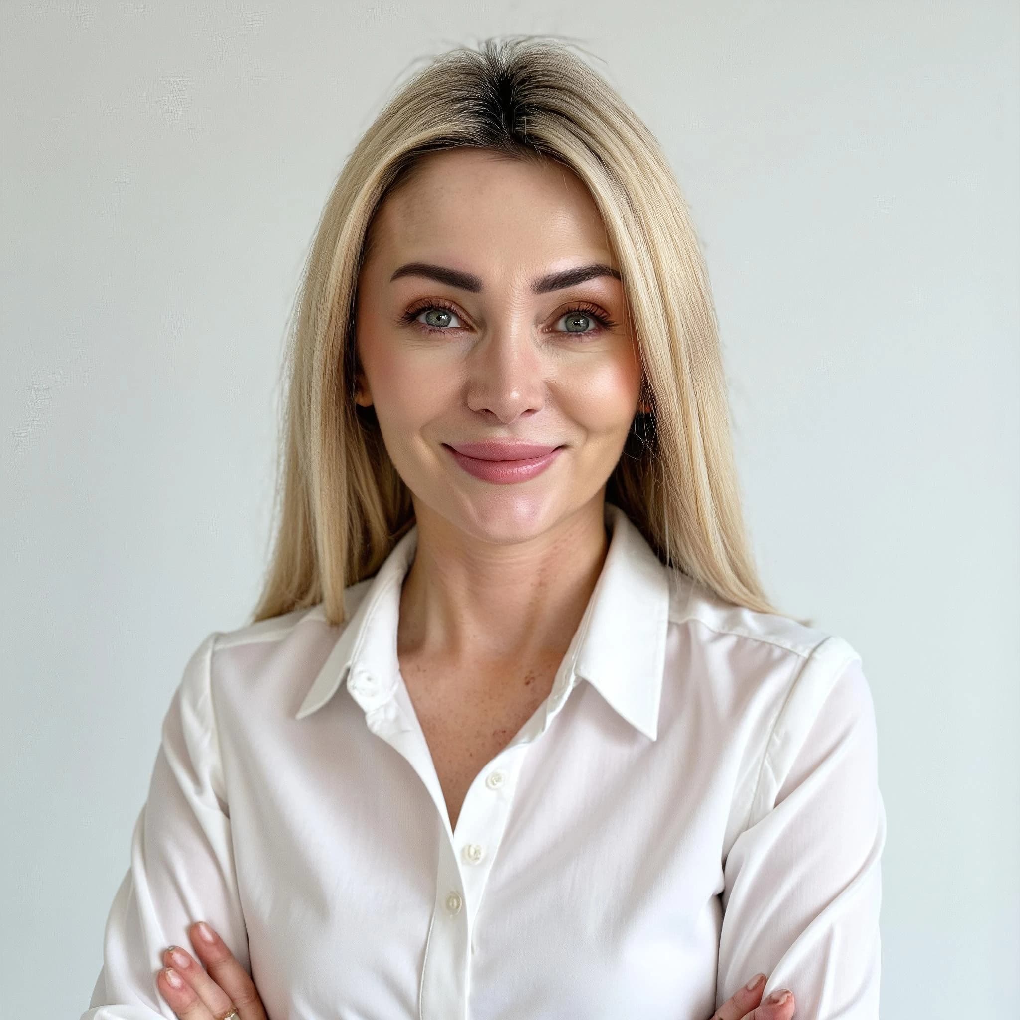Professional headshot example: Woman Studio White Shirt Smiling 3 — LinkedInHeadshots.ai