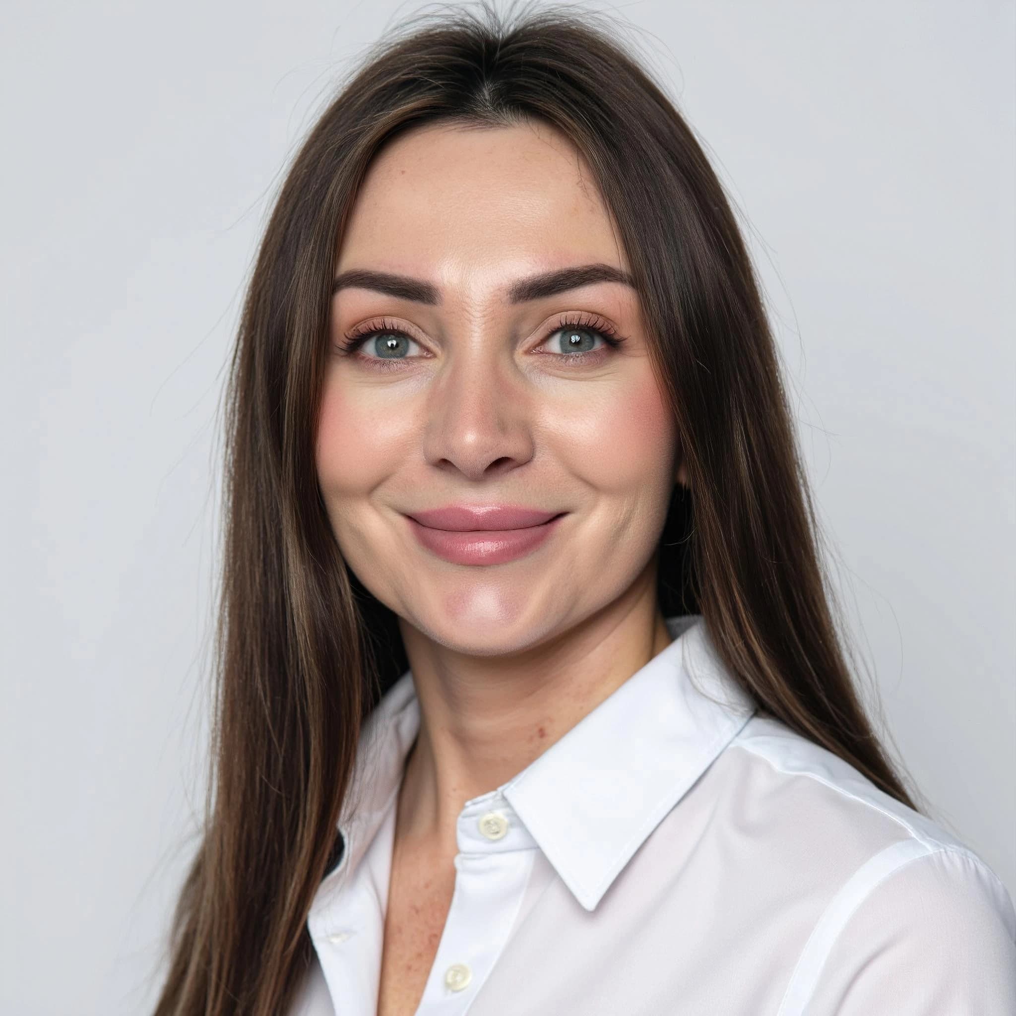 Professional headshot example: Woman Studio White Shirt Smiling 5 — LinkedInHeadshots.ai