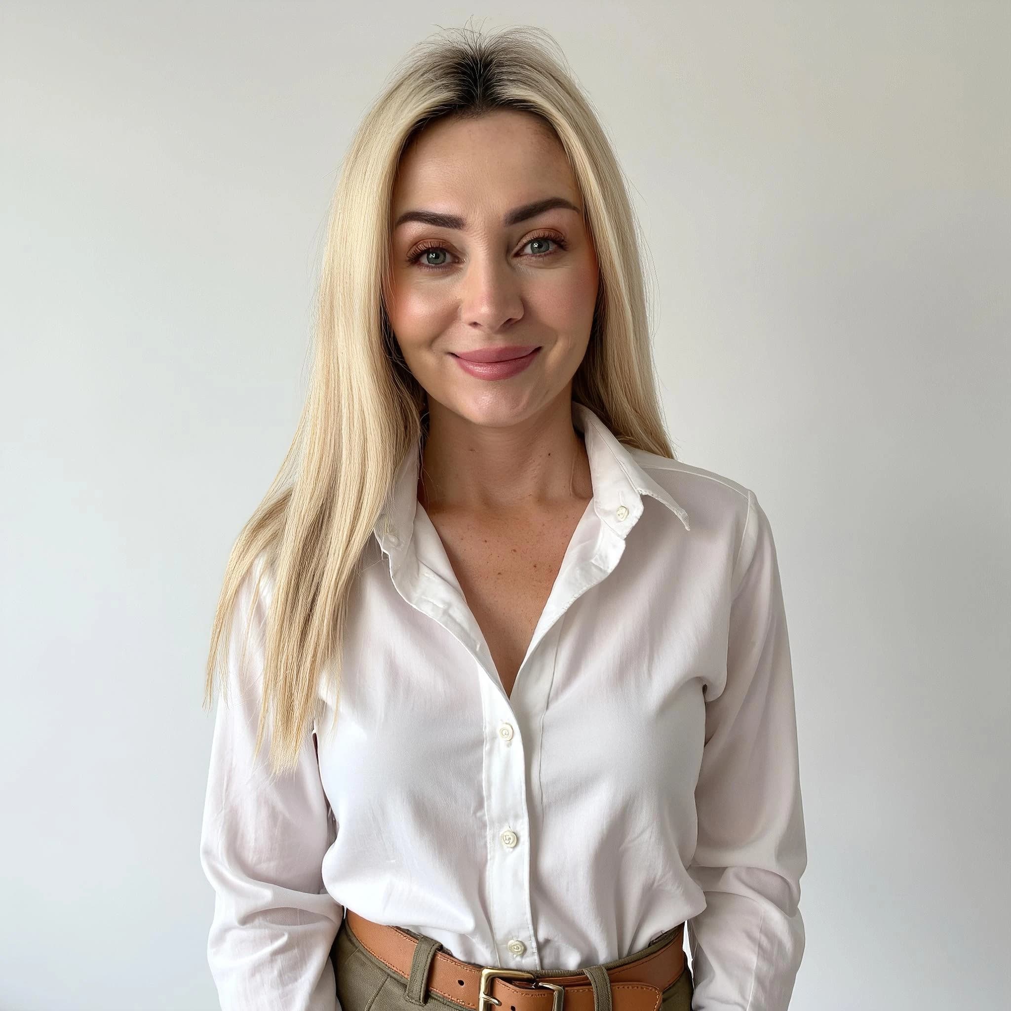 Professional headshot example: Woman Studio White Shirt Smiling 6 — LinkedInHeadshots.ai