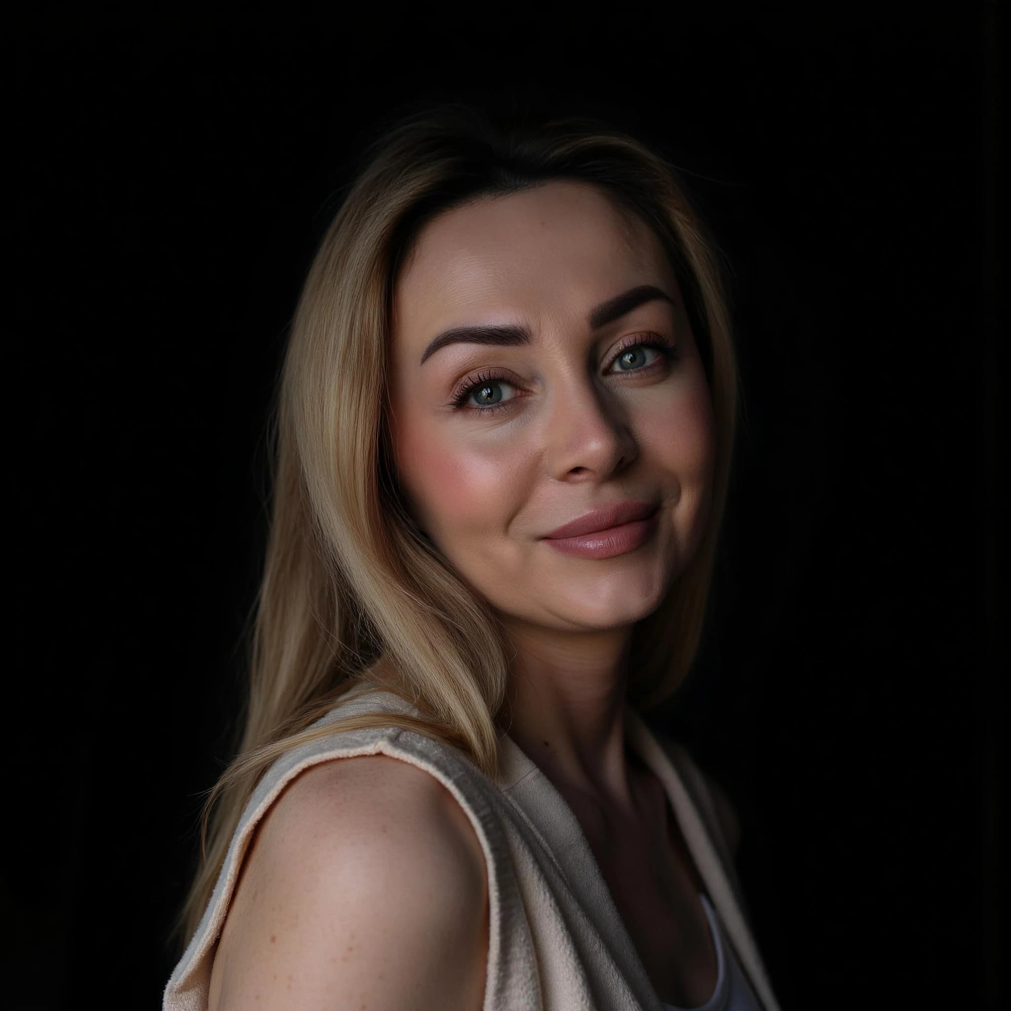 Professional headshot example: Woman Studio White Top Smiling — LinkedInHeadshots.ai