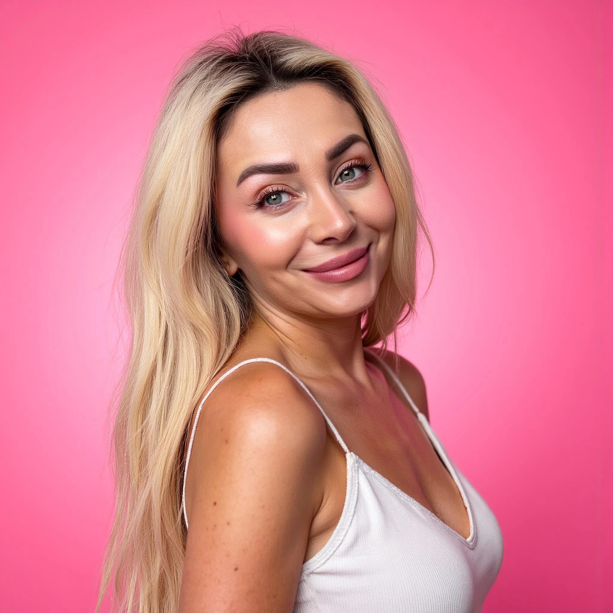 Professional headshot example: Woman Studio White Top Smiling 3 — LinkedInHeadshots.ai