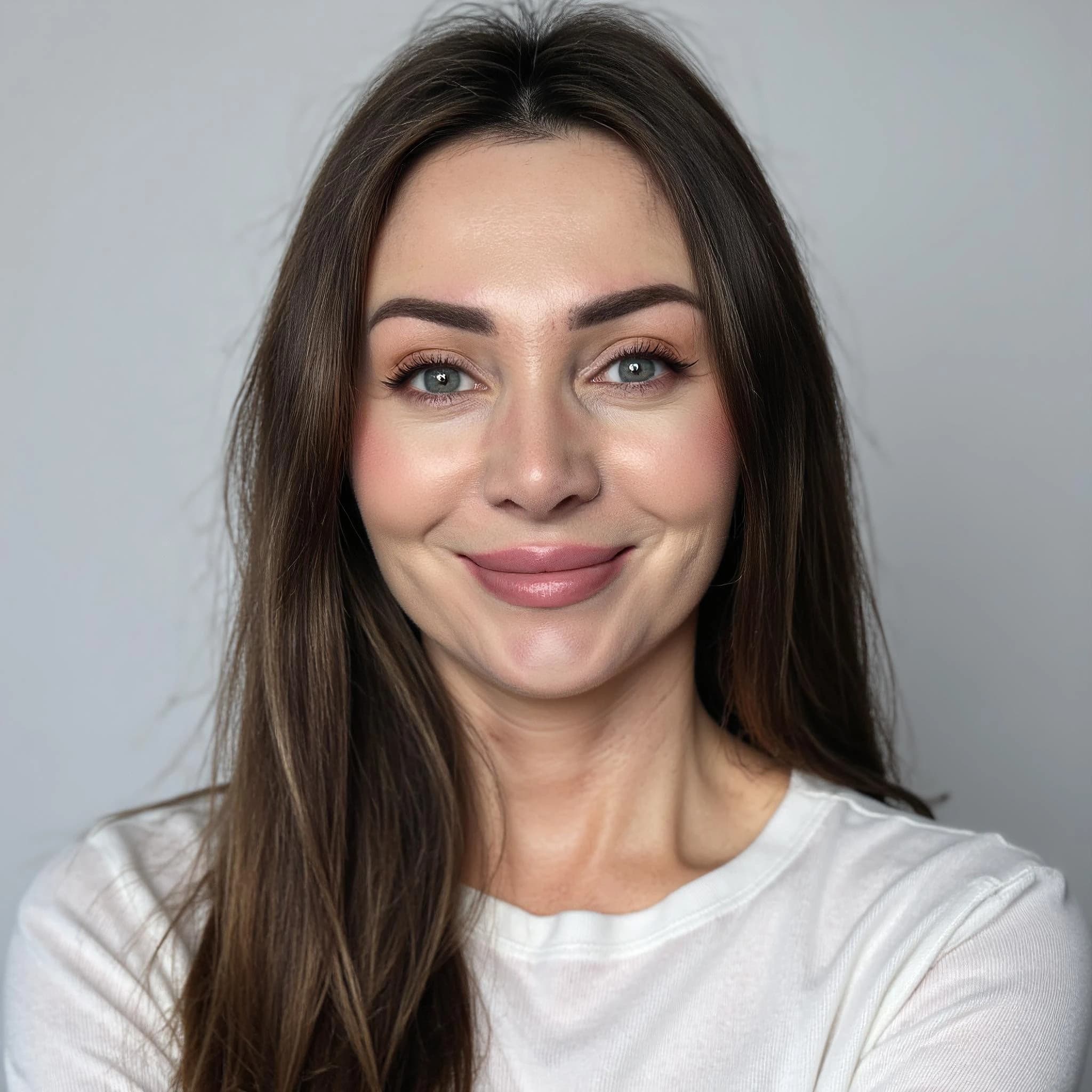 Professional headshot example: Woman Studio White Top Smiling 6 — LinkedInHeadshots.ai