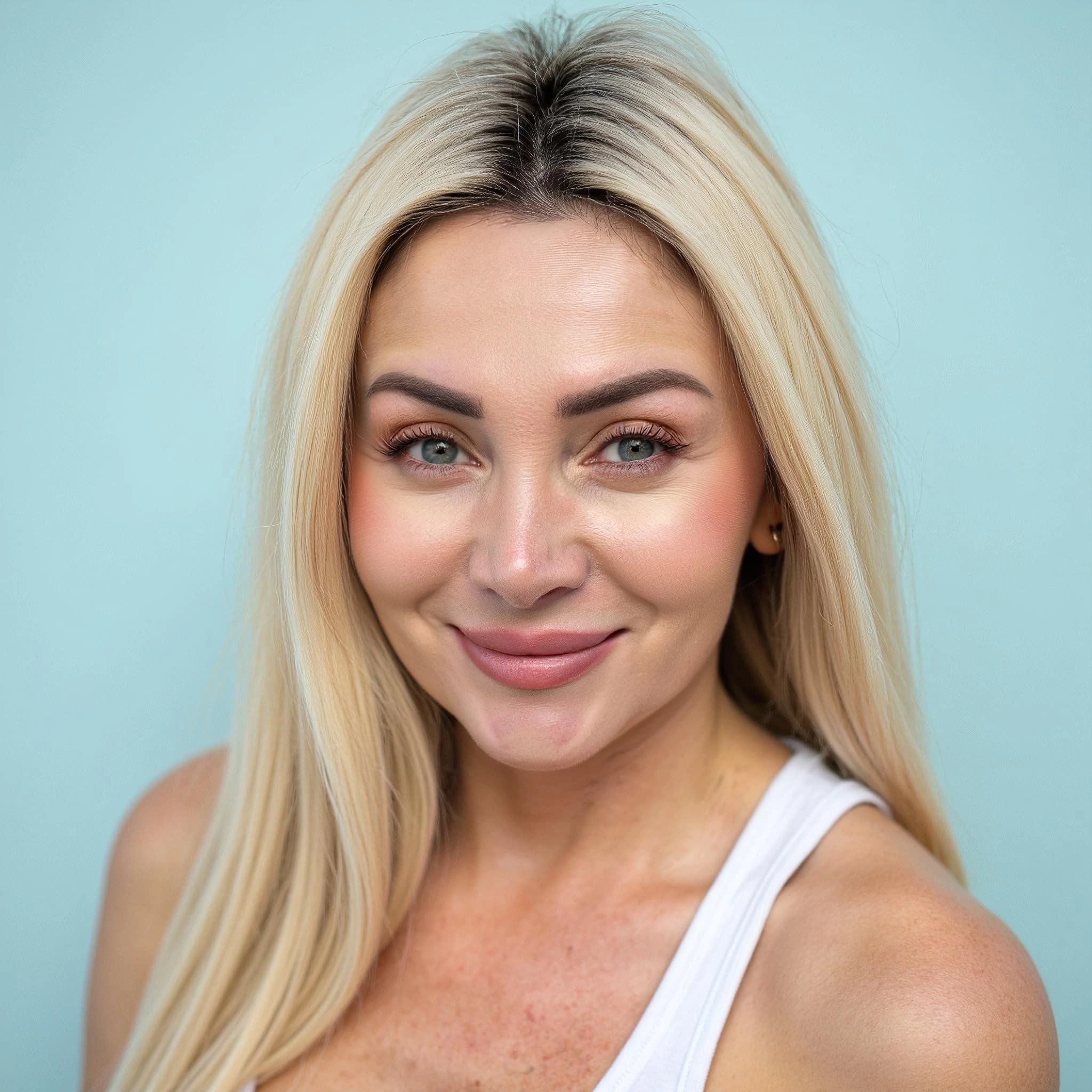 Professional headshot example: Woman Studio White Top Smiling 8 — LinkedInHeadshots.ai