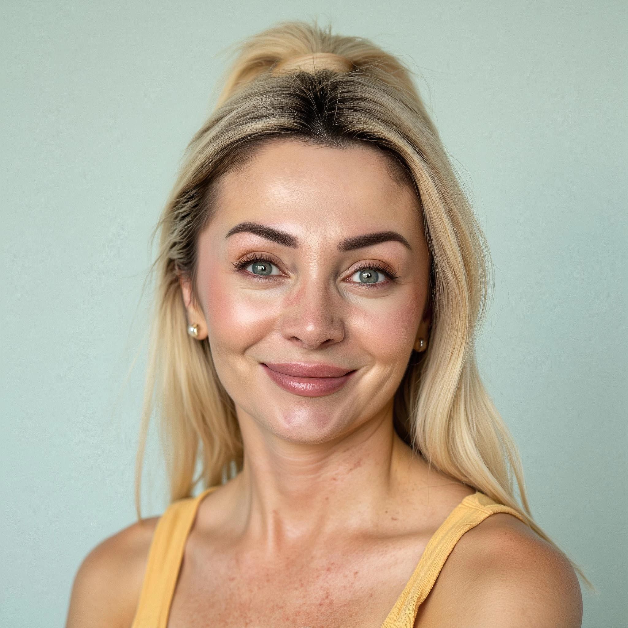 Professional headshot example: Woman Studio Yellow Top Smiling — LinkedInHeadshots.ai