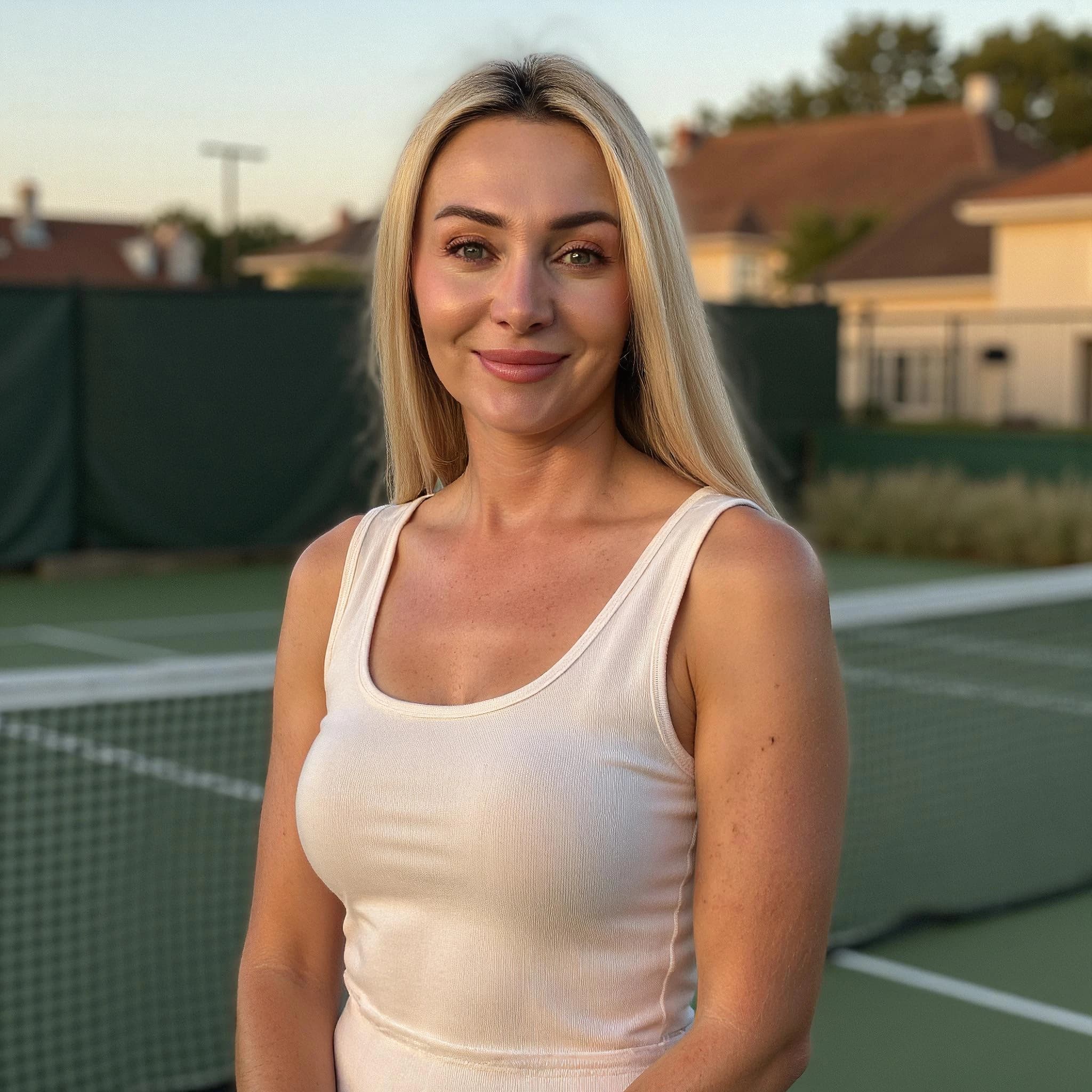 Professional headshot example: Woman Tennis Court White Dress Smiling 2 — LinkedInHeadshots.ai