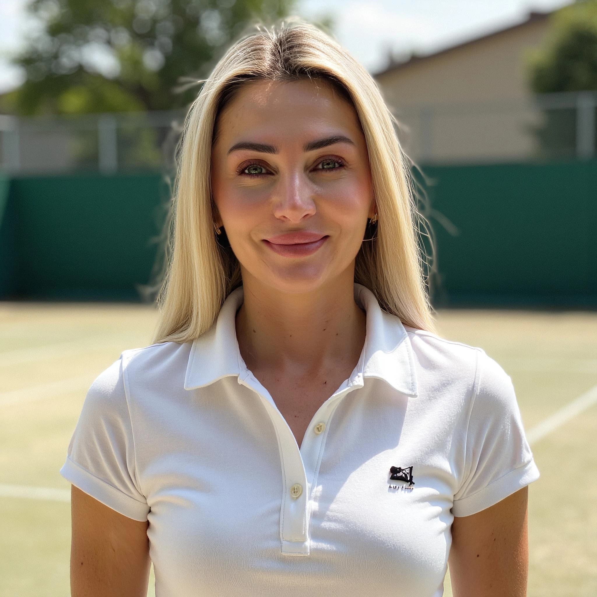 Professional headshot example: Woman Tennis Court White Polo Smiling — LinkedInHeadshots.ai