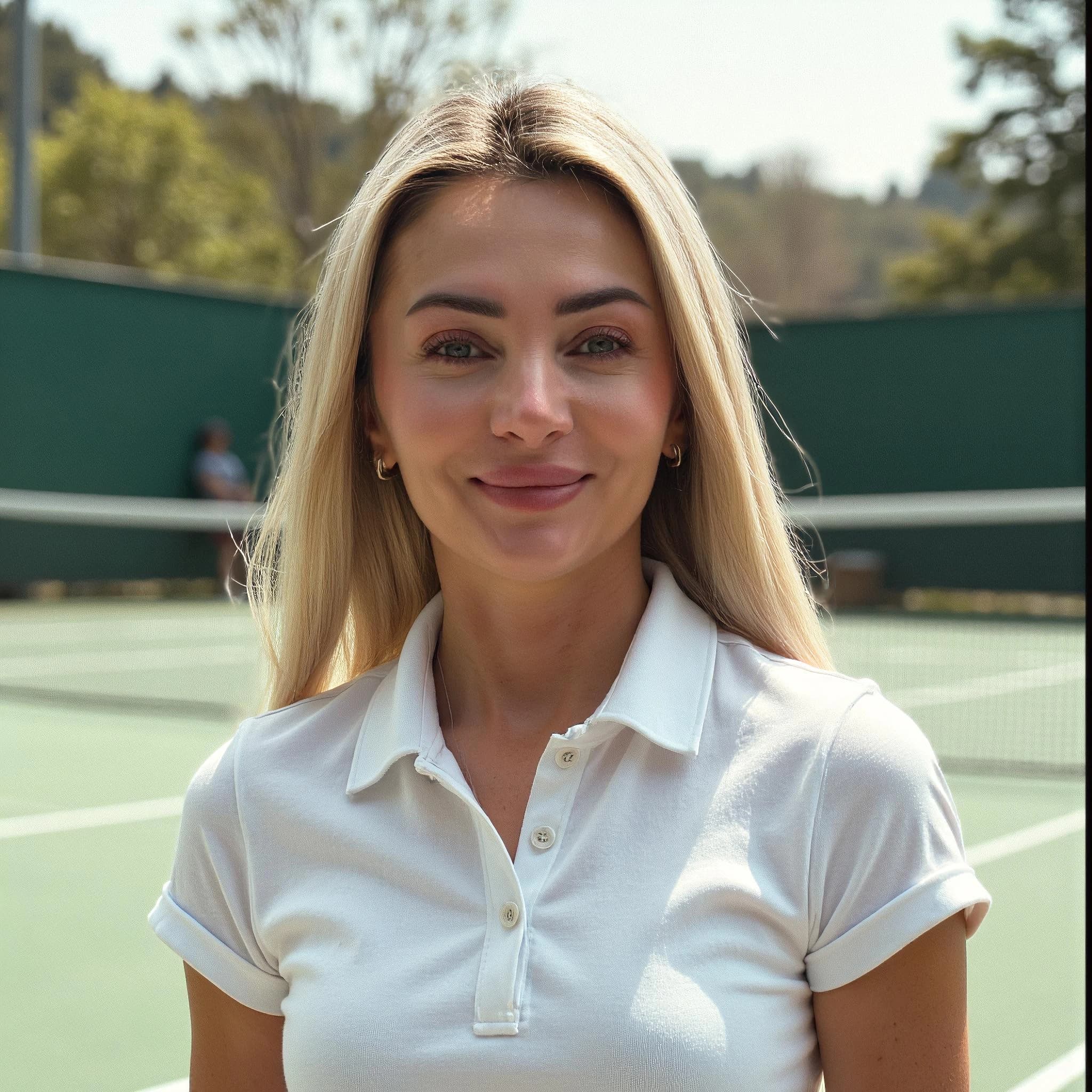 Professional headshot example: Woman Tennis Court White Shirt Smiling — LinkedInHeadshots.ai