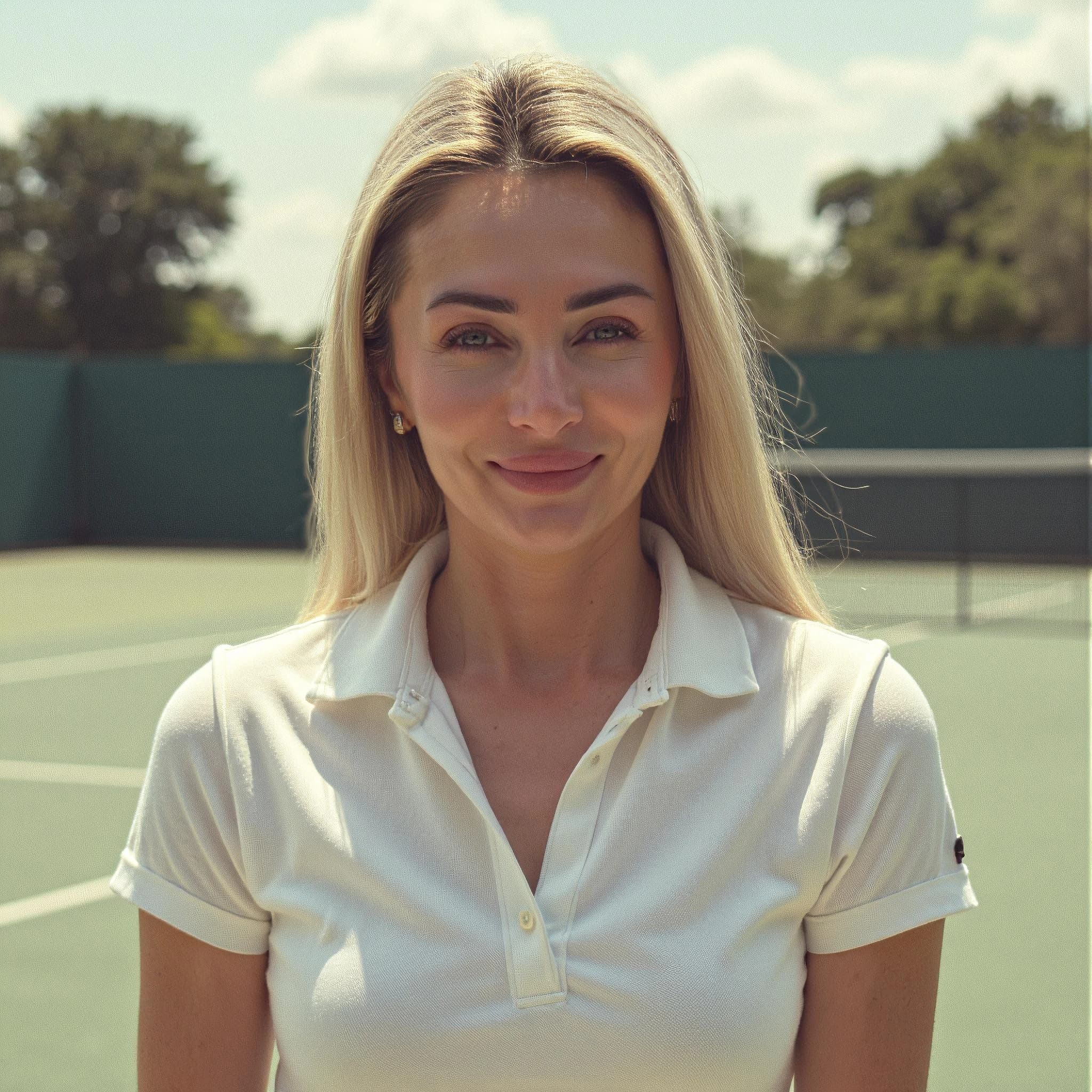 Professional headshot example: Woman Tennis Court White Shirt Smiling 2 — LinkedInHeadshots.ai