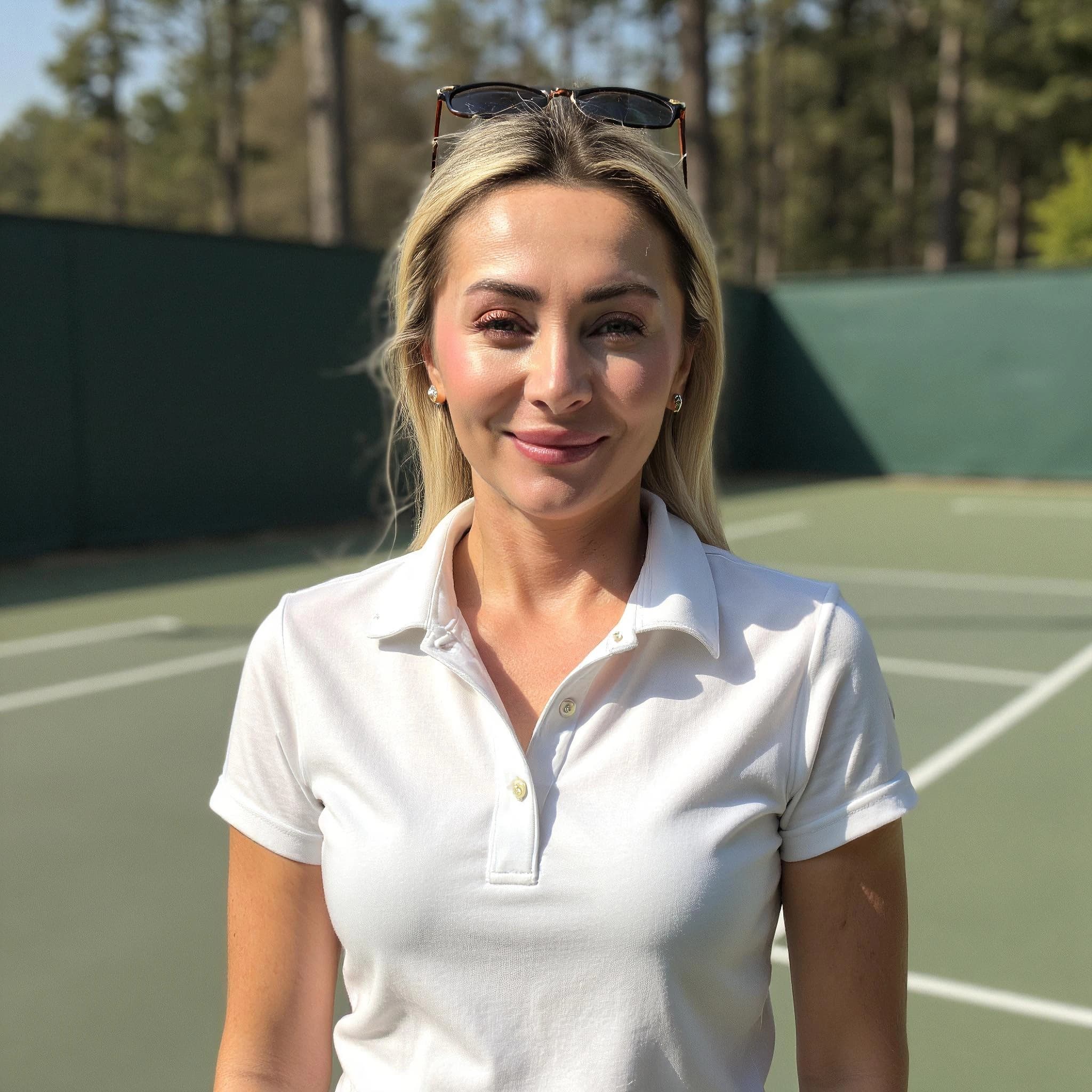 Professional headshot example: Woman Tennis Court White Shirt Smiling 3 — LinkedInHeadshots.ai