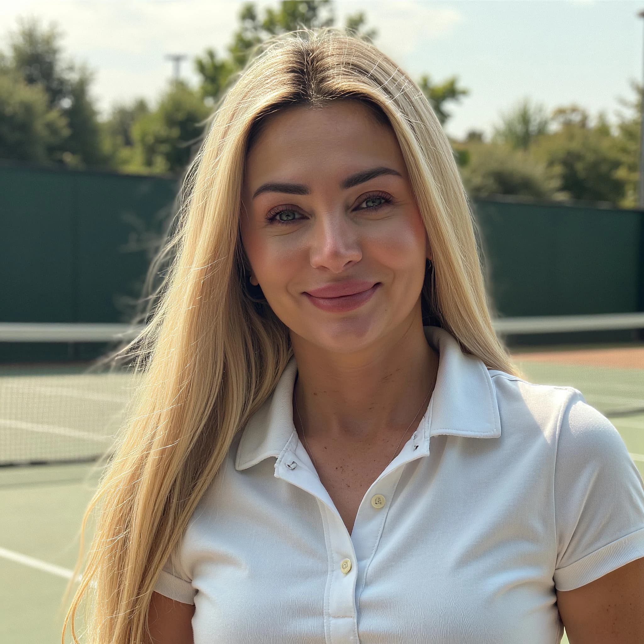 Professional headshot example: Woman Tennis Court White Shirt Smiling 4 — LinkedInHeadshots.ai