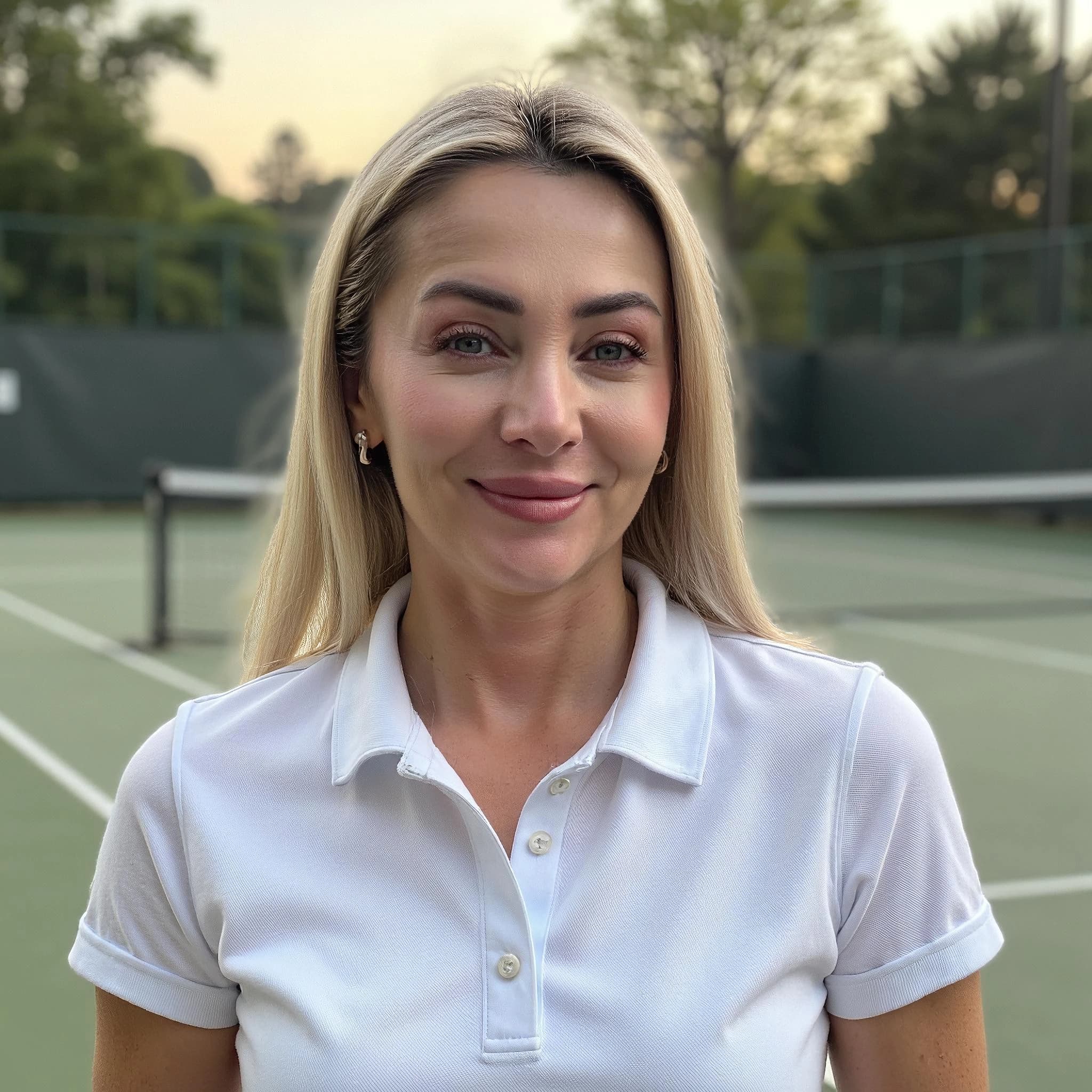 Professional headshot example: Woman Tennis Court White Shirt Smiling 5 — LinkedInHeadshots.ai