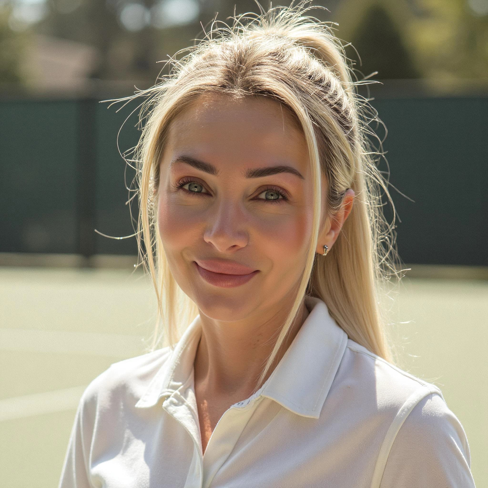Professional headshot example: Woman Tennis Court White Shirt Smiling 6 — LinkedInHeadshots.ai
