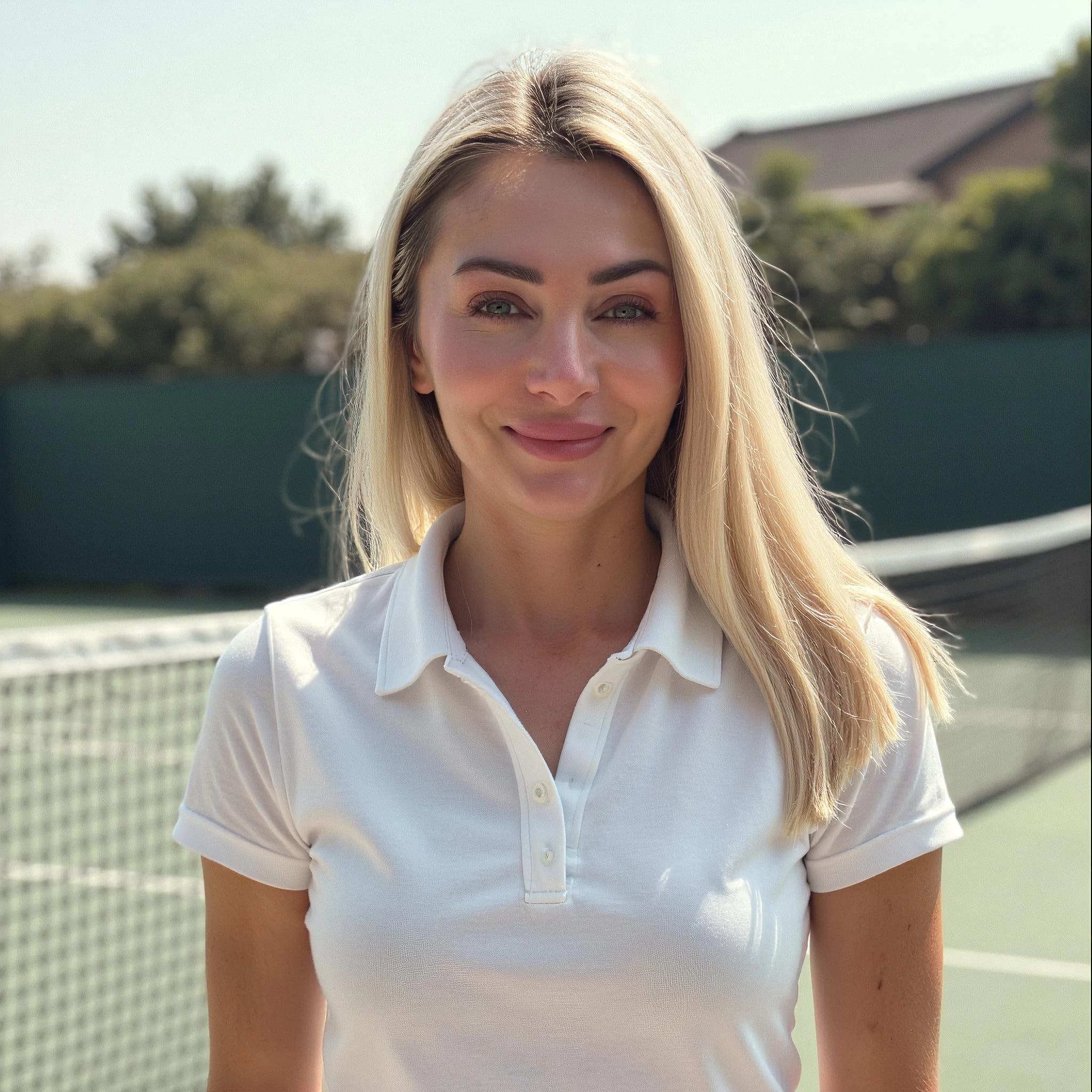 Professional headshot example: Woman Tennis Court White Shirt Smiling 7 — LinkedInHeadshots.ai