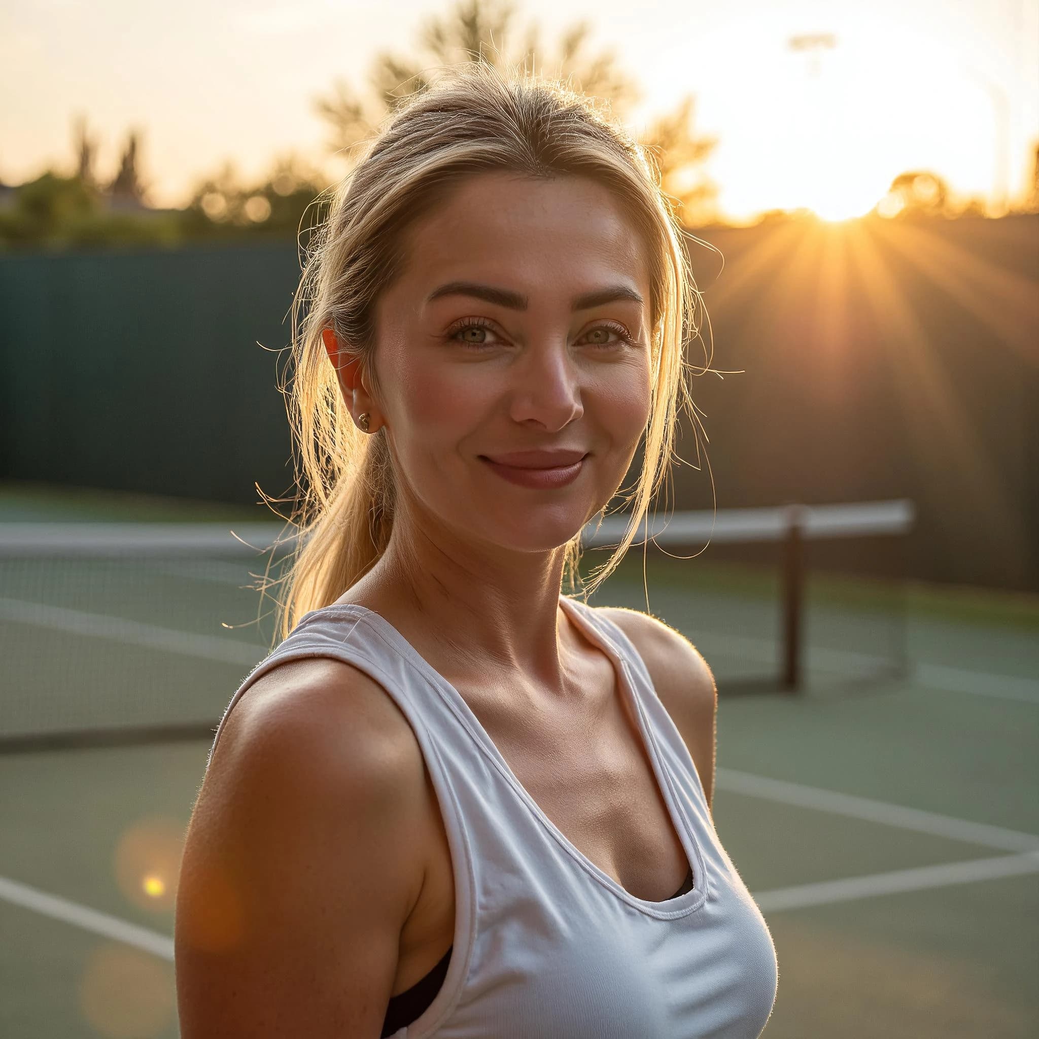 Professional headshot example: Woman Tennis Court White Top Smiling 2 — LinkedInHeadshots.ai