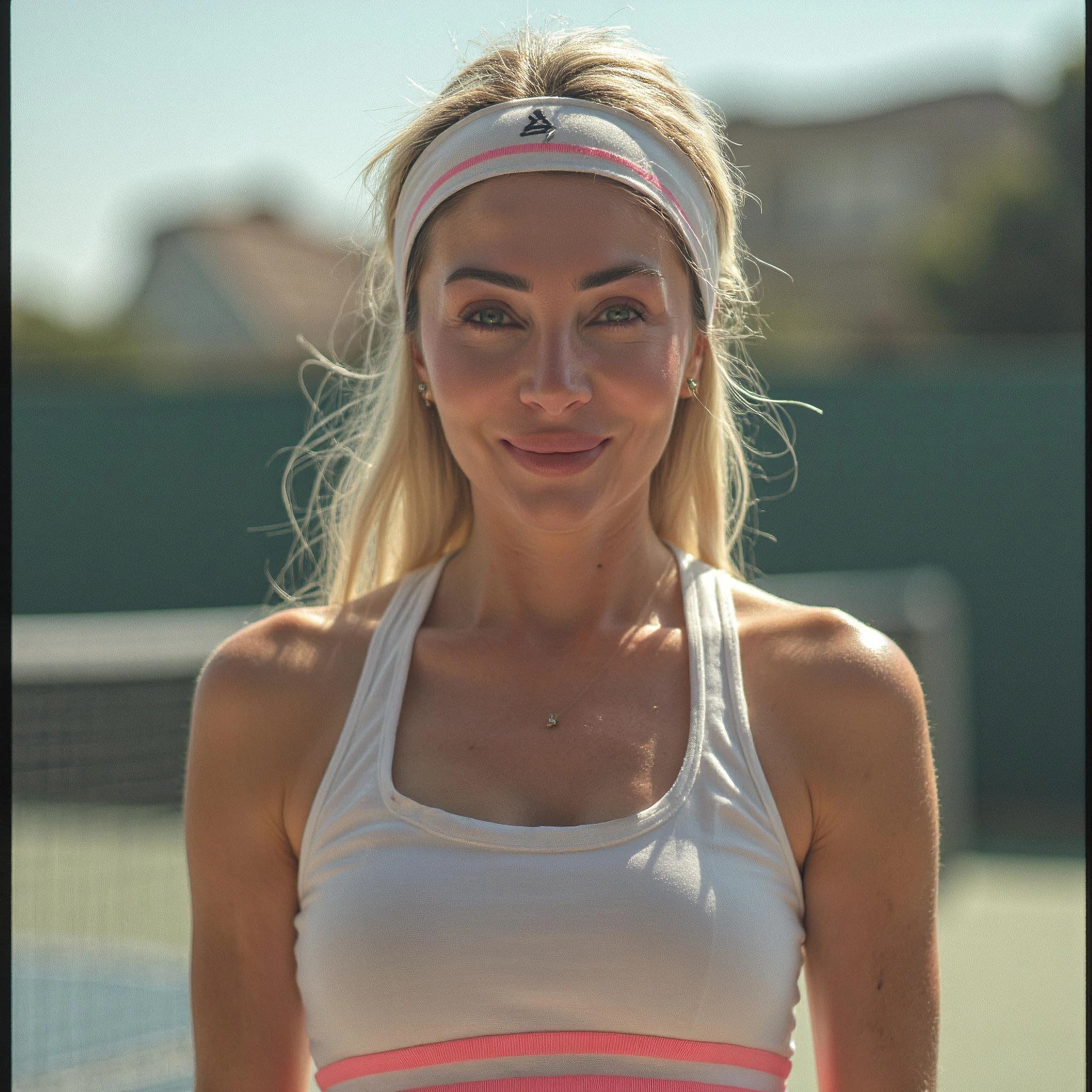 Professional headshot example: Woman Tennis Court White Top Smiling 3 — LinkedInHeadshots.ai