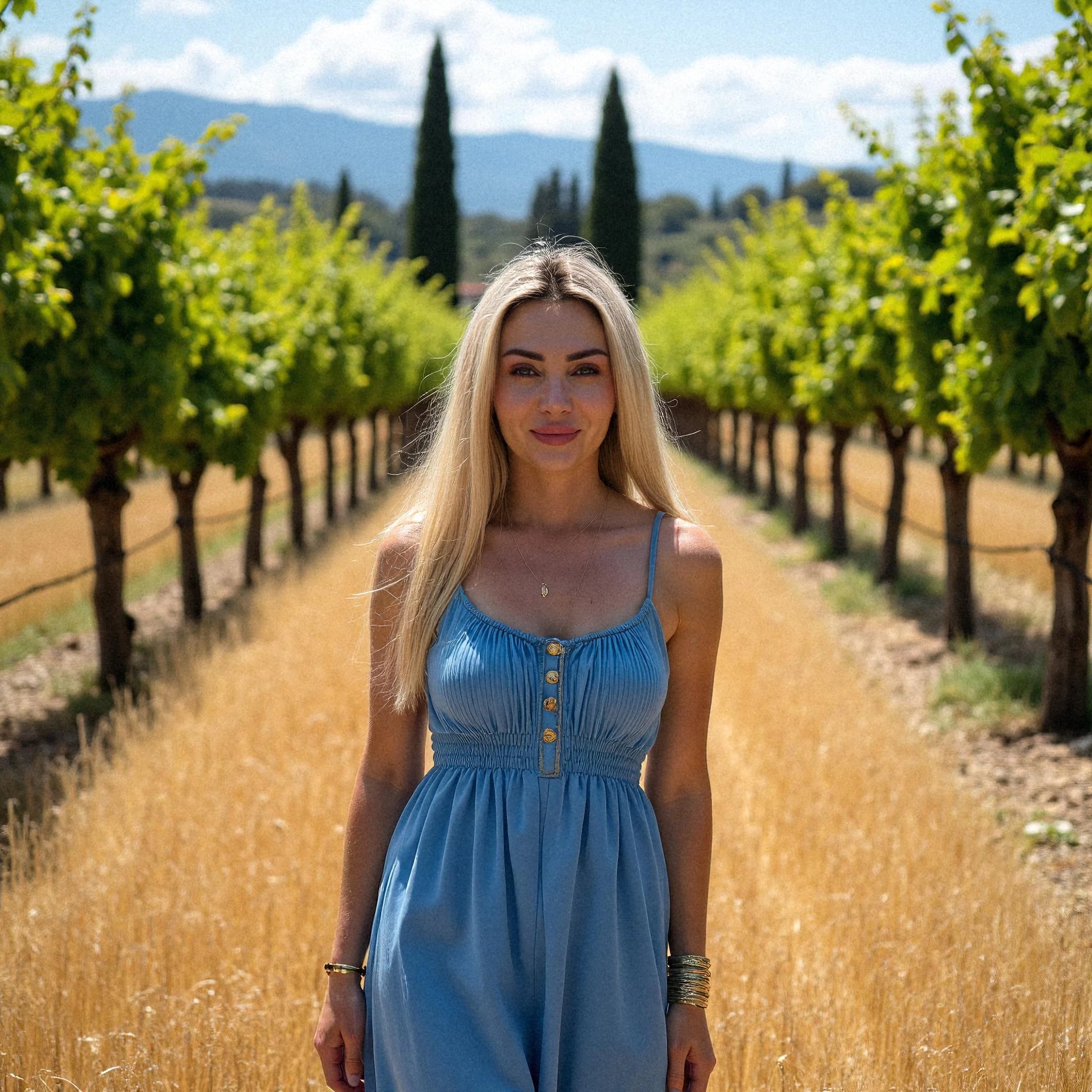 Professional headshot example: Woman Vineyard Blue Dress Standing 3 — LinkedInHeadshots.ai